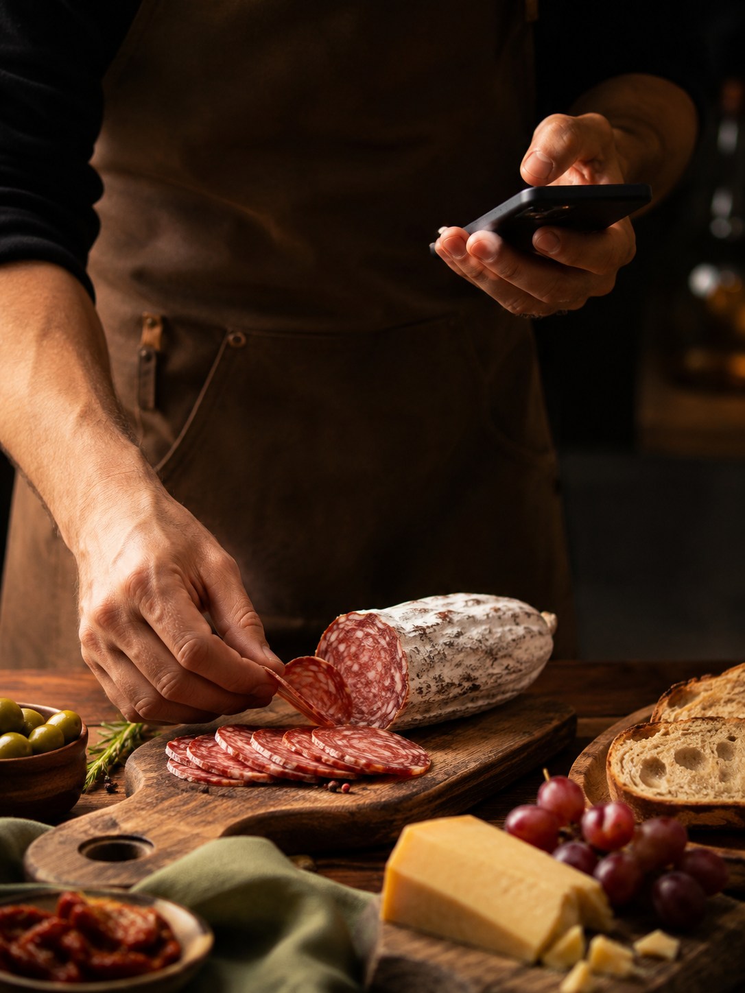 Artesão cortando salame artesanal